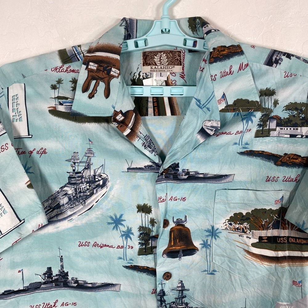 Kalaheo Shirt Mens Large‎ Blue Hawaiian Camp Ocean Ships Navy Boats USS - Picture 2 of 9